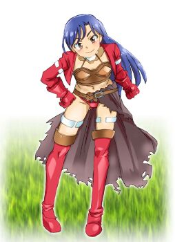  1girl aira_(dq7) aira_(dq7)_(cosplay) armor belt bikini bikini_armor black_sarong blue_hair blush boots breasts brown_armor brown_belt brown_bikini brown_eyes collarbone cosplay crossover dragon_quest dragon_quest_vii gloves grass hand_on_own_hip idolmaster idolmaster_(classic) jacket kisaragi_chihaya leaning_forward long_hair long_sleeves looking_at_viewer medium_breasts navel onnaski open_clothes open_jacket puffy_sleeves red_armor red_bikini red_boots red_gloves red_jacket sarong smile square_enix standing swimsuit thigh_boots thigh_strap white_background 