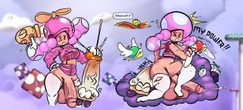  1futa 1other bottomless bulge clothed_sex cum cum_on_body cum_on_hands deep_penetration english_text erection futa_with_male futanari huge_penis huge_testicles juice long_hair mario_(series) nintendo one_eye_closed partially_undressed penis precum sex sex_from_behind speech_bubble stomach_bulge sweat testicles thighhighs toadette torn_clothes torn_thighhighs twintails veins veiny_penis 