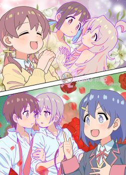  2boys 4girls :d absurdres ahoge artist_name black_jacket blue_eyes blue_hair blush brown_eyes brown_hair closed_eyes collared_shirt colored_inner_hair flower fujoshi grey_hair hair_ornament hairclip hand_on_own_chest highres himejoshi holding_another's_arm holding_hands hozuki_momiji index_finger_raised interlocked_fingers jacket lily_(flower) long_hair long_sleeves low_twintails multicolored_hair multiple_boys multiple_girls murosaki_miyo neck_ribbon necktie nude onii-chan_wa_oshimai! open_mouth own_hands_together oyama_mahiro petals pink_hair ponytail red_flower red_hair red_ribbon red_rose ribbon robomito rose rose_petals sakurada_yuuta senkawa_minato shirt short_hair short_ponytail smile tachikawa_aoi twintails two-tone_hair undone_necktie white_shirt wing_collar yaoi yellow_jacket yuri 