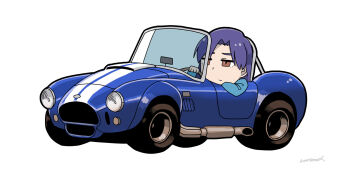  1girl artist_name blue_car blue_hair brown_eyes car chibi closed_mouth driving idolmaster idolmaster_(classic) jitome kayatsu_urotoma kisaragi_chihaya long_hair motor_vehicle shelby_cobra simple_background solo white_background 