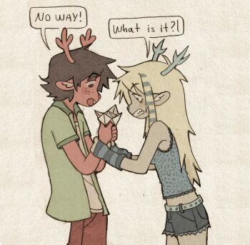  1boy 1girl aged_down animal_ears antlers arm_warmers bare_shoulders black_eyes blonde_hair blue_shirt blue_shorts blue_streaks breasts brown_hair brown_pants canvas_(medium) carol_holiday clenched_teeth colored_pencil_(medium) commentary deer_antlers deer_boy deer_ears deer_girl deltarune denim denim_shorts english_commentary english_text furry furry_female furry_male grabbing_another's_arm graphite_(medium) green_jacket highres holding horns jacket long_hair medium_hair midriff multicolored_hair open_clothes open_jacket origami pants paper_fortune_teller raccoon_tails_(hairstyle) rudolph_holiday shirt shorts sidelocks sleeveless small_breasts speech_bubble streaked_hair striped_arm_warmers szivarvanyturmix02 teeth traditional_media two-tone_hair utdr_(toby_fox) white_shirt  rating:General score:0 user:danbooru