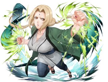  1girl black_pants blonde_hair brown_eyes clenched_hands facial_mark forehead_mark green_haori grey_kimono haori japanese_clothes kimono long_hair looking_at_viewer naruto_(series) naruto_shippuuden:_ultimate_ninja_blazing official_art open_clothes pants red_nails solo tsunade_(naruto) upper_body 