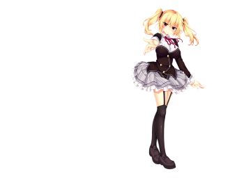  1girl black_scrunchie blonde_hair blush breasts closed_mouth collared_shirt full_body hair_ornament hair_scrunchie highres large_breasts long_sleeves looking_at_viewer nora_to_oujo_to_noraneko_heart official_art oozora_itsuki patricia_of_end purple_eyes reaching reaching_towards_viewer school_uniform scrunchie shirt simple_background smile solo standing tachi-e transparent_background twintails white_shirt wing_collar 