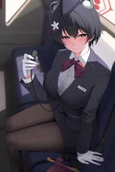  1girl animal_ears black_eyes black_hair black_jacket black_pantyhose black_skirt blue_archive blush bow bowtie breasts closed_mouth collared_shirt commentary_request flower gloves hair_between_eyes hair_flower hair_ornament halo hat highres holding holding_walkie-talkie jacket large_breasts long_sleeves looking_at_viewer official_alternate_costume pantyhose pencil_skirt red_bow red_bowtie red_halo revision shirt short_hair sitting skirt smile solo thighs tour_guide travel_attendant tsubaki_(blue_archive) tsubaki_(guide)_(blue_archive) walkie-talkie white_gloves white_shirt ziroqon 