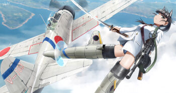 1girl 1other a6m_zero absurdres aircraft airplane animal_ears black_hair blue_one-piece_swimsuit blunt_bangs blurry blurry_background brown_eyes closed_mouth cloud commentary_request day depth_of_field dog_ears dog_girl dual_persona eyepatch flying frown gun highres holding holding_gun holding_sword holding_weapon jacket katana kk90 long_hair long_sleeves looking_at_viewer machine_gun military military_uniform military_vehicle no_pants old_school_swimsuit one-piece_swimsuit outdoors pilot ponytail propeller propeller_fighter revision roundel sakamoto_mio scenery school_swimsuit strike_witches striker_unit swimsuit swimsuit_under_clothes sword type_99_cannon weapon white_jacket world_witches_series 
