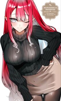  1girl baobhan_sith_(fate) black_sweater blush breasts brown_pantyhose brown_skirt commentary_request fate/grand_order fate_(series) grey_eyes highres kabosoi_mangaka large_breasts long_hair long_sleeves looking_at_viewer pantyhose pencil_skirt pink_hair pointy_ears ribbed_sweater sidelocks skirt smile solo sweater turtleneck turtleneck_sweater 