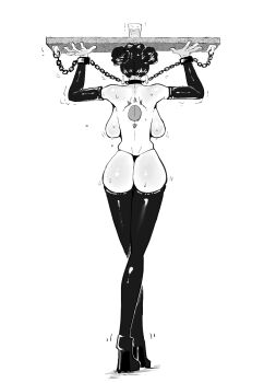  1girl ass back backboob balancing balancing_on_head bdsm boa_hancock bondage boots bound bound_wrists branded breasts chain chained chained_wrists collar cuffs double_bun elbow_gloves facing_away from_behind full_body gloves greyscale hair_bun hato_hato_hato high_heels huge_breasts large_breasts monochrome one_piece panties shackles short_hair simple_background skindentation slave solo standing sweat tattoo thigh_boots thighhighs thong topless trembling underwear white_background wrist_cuffs 