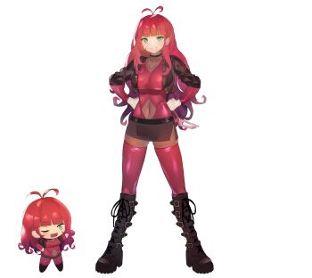  1girl absurdres black_boots bodystocking boots breasts brown_jacket chibi commission covered_navel cropped_jacket dove_(abc) fishnet_bodystocking fishnets gloves gradient_hair green_eyes hands_on_own_hips highres jacket knee_boots long_hair lowleg lowleg_skirt lumpychan medium_breasts miniskirt multicolored_hair original purple_hair raised_eyebrow red_hair skirt slide textless_version turtleneck white_gloves 