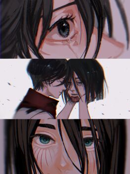  black_hair blunt_ends brown_hair closed_eyes commentary_request crying eren_yeager facial_mark facial_scar green_eyes grey_eyes hair_between_eyes haku_mik hetero highres holding holding_detached_head looking_at_viewer mikasa_ackerman red_scarf scar scar_on_cheek scar_on_face scarf shingeki_no_kyojin shirt short_hair tears white_shirt 