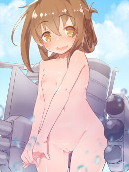  1girl blurry blush brown_eyes brown_hair caburi cleft_of_venus cloud cloudy_sky depth_of_field flat_chest folded_ponytail gluteal_fold hair_between_eyes inazuma_(kancolle) kantai_collection loli long_hair looking_at_viewer navel nipples nude outdoors pussy sidelocks sky water_drop  rating:Explicit score:36 user:senaya