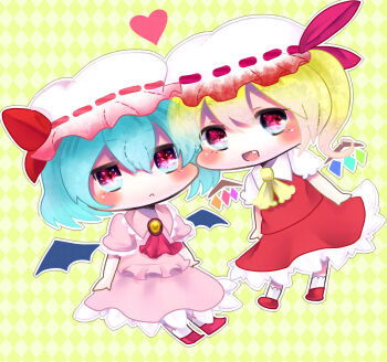  2girls :d argyle_background ascot bat_wings blonde_hair blue_hair blush brooch chibi chibi_only closed_eyes collared_shirt commentary_request crystal_wings fang flandre_scarlet frilled_shirt frills full_body hair_between_eyes hat hat_ribbon heart highres jewelry lace-trimmed_shirt_collar looking_at_viewer mob_cap multiple_girls nanai07 open_mouth outline pink_shirt pink_skirt red_ascot red_eyes red_shoes red_skirt red_vest remilia_scarlet ribbon shirt shoes short_hair skirt smile socks touhou vest white_hat white_outline white_shirt white_socks wings yellow_ascot 