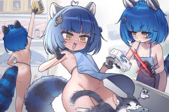  1girl :< ahoge animal_ears apron ass barcode_scanner bare_back black_gloves blue_apron blue_hair blush breasts cat chromashift closed_mouth convenient_censoring drink_carton eyelashes fang fish gloves hair_bun hair_ornament hairclip heart heart_ahoge highres holding holding_barcode_scanner holding_jug holding_milk_carton ikea_shark leaf_hair_ornament loli milk_carton motion_blur multiple_views naked_apron name_tag official_alternate_costume open_mouth poko_rakun raccoon_ears raccoon_girl sahelanthropus_(latinxedgelord) shelf short_hair single_side_bun skin_fang small_breasts stocking_shelves stuffed_animal stuffed_shark stuffed_toy thick_eyebrows v-shaped_eyebrows virtual_youtuber yellow_eyes 