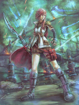  1girl aerial_battle battle black_boots boot_straps boots building dogfight eply fantasy final_fantasy final_fantasy_xiii fingerless_gloves full_body gloves holding holding_sword holding_weapon lightning_farron long_hair looking_to_the_side pink_hair science_fiction smoke solo spacecraft starfighter sword weapon wooden_floor 