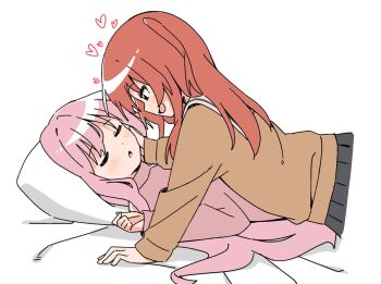  2girls :d blush bocchi_the_rock! closed_eyes dot_nose from_side gotoh_hitori hand_on_another's_cheek hand_on_another's_face haru_(konomi_150) head_on_pillow heart jacket kita_ikuyo long_hair long_sleeves multiple_girls on_bed open_mouth pillow pink_hair pink_jacket red_hair school_uniform shuka_high_school_uniform side_ponytail simple_background sleeping smile track_jacket white_background yellow_eyes yuri 