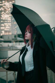 1girl absurdres black_coat black_necktie black_pants black_umbrella blunt_bangs braid braided_ponytail breasts building chainsaw_man city_lights closed_mouth coat collared_shirt commentary_request cosplay cosplay_photo demon_girl expressionless eyebrows_hidden_by_hair fingernails formal_clothes from_side hand_on_railing hand_up high-waist_pants highres holding holding_umbrella kei_0220 long_coat long_fingernails long_hair long_sidelocks looking_ahead makima_(chainsaw_man) necktie nose office_lady open_clothes open_coat outdoors pale_skin pants photo_(medium) photoshop_(medium) pink_lips raised_eyebrows real_life red_hair ringed_eyes shirt shirt_tucked_in sidelocks single_braid solo standing umbrella upper_body white_shirt wing_collar yellow_eyes