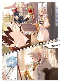  2girls ascot black_pantyhose blonde_hair blue_eyes blue_flower blue_jacket border braid brown_gloves capelet chain commentary_request cowboy_shot curtains earrings elf envelope flower forget-me-not_(flower) frieren gloves gold_trim green_eyes grey_hair hair_between_eyes hair_ribbon highres holding holding_envelope holding_letter holding_staff holding_suitcase holding_umbrella jacket jewelry letter light_smile long_hair multiple_girls omichi_1219 outdoors outstretched_hand pantyhose parted_bangs parted_lips pointy_ears reading red_ribbon ribbon shirt side_braid sitting skirt sousou_no_frieren staff striped_clothes striped_shirt suitcase thick_eyebrows twintails umbrella updo upper_body violet_evergarden violet_evergarden_(series) white_ascot white_border white_capelet white_skirt window 