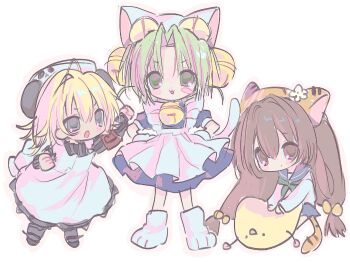  3girls ahoge animal_ears animal_hat apron armband bell blonde_hair bow brown_eyes brown_hair cat_ears cat_hat cat_tail child dejiko di_gi_charat dress full_body gema green_eyes green_hair hair_bell hair_ornament hat highres jingle_bell juju_(ccllrr) long_hair long_sleeves looking_at_viewer mittens multiple_girls neck_bell open_mouth panda_ears parted_bangs pastel_colors paw_shoes piyoko puchiko shirt shoes short_hair short_sleeves simple_background smile striped_clothes striped_dress tail tail_bow tail_ornament tiger_hat twintails white_apron white_mittens 