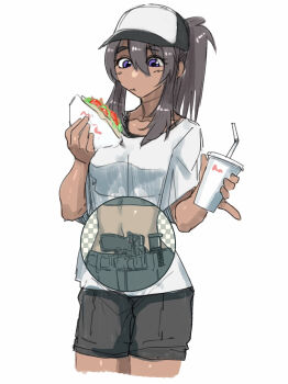  1girl baseball_cap black_hair cb_(c-board) commentary_request concealed_weapon cup dark-skinned_female dark_skin disposable_cup doner_kebab eating food gun handgun hat highres holding holding_food holstered long_hair original ponytail purple_eyes short_shorts shorts solo weapon white_background x-ray 