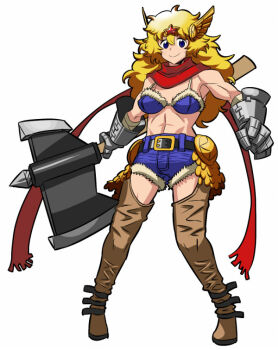  1girl abs armor axe battle_axe belt bikini bikini_top_only blonde_hair blue_bikini blue_eyes blue_hair boots denim denim_shorts faulds female_focus gauntlets head_wings huge_weapon long_hair matching_hair/eyes matsuda_yuusuke muscular muscular_female original red_scarf scarf sexy_yuusha shorts smile solo star_(symbol) swimsuit thigh_boots thighhighs tiara weapon wings yuusha_to_maou 