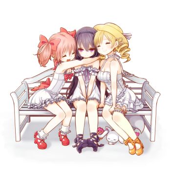  akemi_homura bare_shoulders bench between_legs blonde_hair blush bow breasts buttons cleavage closed_eyes closed_mouth dot_nose dress drill_hair flat_chest footwear_bow frilled_dress frilled_thigh_strap frills hair_between_eyes hair_bow hat hat_ribbon hug kaname_madoka kyubey large_breasts leaning_forward long_hair luminous_(madoka_magica) mahou_shoujo_madoka_magica mahou_shoujo_madoka_magica_(anime) morimaiko multiple_girls no_socks on_bench open_mouth orange_shoes pink_hair purple_eyes purple_hair purple_ribbon purple_shoes red_bow red_shoes ribbon shoes short_hair short_twintails sleeping small_breasts smile socks teeth thigh_strap tomoe_mami twintails upper_teeth_only white_dress white_ribbon white_socks yellow_hat  rating:Sensitive score:7 user:danbooru