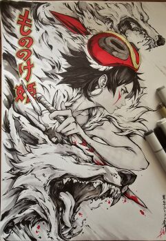  1girl animal art_tools_in_frame blood commentary earrings english_commentary fighting_stance from_side highres jewelry marker_(medium) mask monochrome mononoke_hime muju photo_(medium) saliva san_(mononoke_hime) short_hair signature spot_color traditional_media wolf 