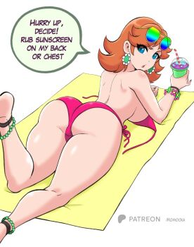  1girl anklet annoyed ass beach bikini black_eyes black_nails blue_eyes bracelet breasts brown_hair cup drink drinking_straw earrings eyewear_on_head flower_bracelet flower_earrings from_behind holding holding_cup holding_drink ice ice_cube jewelry large_breasts long_hair looking_at_viewer looking_back lotion lying mario_(series) momocka-art nintendo open_mouth pink_bikini pinky_out princess_daisy sand side-tie_bikini_bottom slushie speech_bubble sunglasses sunglasses_on_head swimsuit thick_thighs thighs topless_female unworn_bikini_top 
