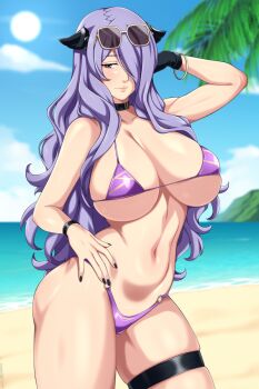  1girl alternate_costume bare_arms bare_shoulders beach bikini black_choker black_nails blue_sky breasts camilla_(fire_emblem) choker cloud collarbone curvy day eyewear_on_head fire_emblem fire_emblem_fates hair_ornament hair_over_one_eye hand_on_own_hip highres horizon large_breasts lindaroze long_hair looking_at_viewer nail_polish navel nintendo ocean outdoors purple_bikini purple_eyes purple_hair sideboob skindentation sky smile solo stomach string_bikini sunglasses swimsuit thick_thighs thigh_strap thighs underboob very_long_hair 
