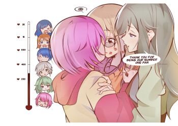  6+girls azusawa_kohane blonde_hair blue_hair blush brown_eyes closed_eyes closed_mouth commentary english_commentary english_text girl_sandwich glasses green_eyes green_hair green_shirt grey_eyes grey_hair hanasato_minori highres hinomori_shiho hood hoodie jewelry kiritani_haruka kisikarts kiss kiss_meter_(meme) kusanagi_nene lipstick lipstick_mark lipstick_mark_on_face long_hair makeup meme multiple_girls necklace ootori_emu open_mouth orange_hair orange_sweater pink_hair pink_hoodie project_sekai purple_eyes sandwiched shiraishi_an shirt short_hair simple_background smeared_lipstick smile speech_bubble spoken_squiggle squiggle sweat sweater symbol-only_commentary two-tone_hoodie white_background yawning yellow_hoodie yuri 