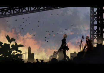 1boy 1girl 2b_(nier:automata) 9s_(nier:automata) bird black_boots black_dress black_gloves black_hairband black_jacket black_shorts blindfold boots breasts building cloud cloudy_sky commentary covered_eyes crane_(machine) cruel_oath dawn dress elbow_rest english_commentary ferris_wheel gloves grey_hair hairband hand_on_own_cheek hand_on_own_face head_rest jacket juliet_sleeves long_sleeves medium_breasts mitsuki_nite nier:automata nier_(series) plant puffy_sleeves ruins short_hair shorts sitting sky standing sword tassel thigh_boots twitter_username virtuous_contract weapon 