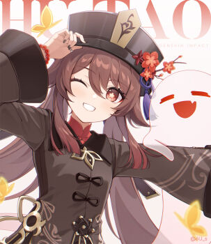  1girl 6u_(eternal_land) bead_bracelet beads black_hat black_nails boo_tao_(genshin_impact) bracelet brown_hair chinese_clothes commentary commentary_request english_commentary flower flower-shaped_pupils genshin_impact ghost hair_between_eyes hand_on_headwear hat hat_flower hu_tao_(genshin_impact) jewelry long_hair long_sleeves looking_at_viewer one_eye_closed plum_blossoms red_eyes ring smile symbol-shaped_pupils twintails twitter_username upper_body very_long_hair 