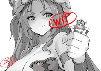  2girls :o armlet armor bare_shoulders belladonna_(seiken_densetsu_3) bracelet breasts cleavage clenched_hand collarbone commentary dated forehead_jewel gem greyscale hat_feather highres holding holding_mini_person isabella_(seiken_densetsu_3) jewelry large_breasts long_hair mini_person minigirl monochrome multiple_girls open_mouth pauldrons restrained riesz seiken_densetsu seiken_densetsu_3 seo_tatsuya shaded_face shoulder_armor simple_background size_difference smile spot_color turban unfinished white_background 