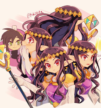  1boy 1girl armor artist_name black_hair closed_mouth commentary_request covering_own_mouth cropped_torso dress earrings elbow_gloves floating_earrings gloves green_eyes highres jewelry long_hair multiple_views nintendo open_mouth pointy_ears princess_hilda purple_dress purple_hood ravio red_eyes short_hair shoulder_armor staff tearing_up the_legend_of_zelda the_legend_of_zelda:_a_link_between_worlds tiara tokuura twitter_username v-shaped_eyebrows white_gloves 