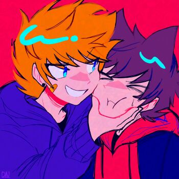  >_< 2boys absurdres alternate_universe animification antenna_hair bandaid bandaid_on_cheek bandaid_on_face black_jacket blue_eyes brown_hair cheek-to-cheek cheek_squash closed_eyes commentary cosplay costume_switch drawstring eddsworld english_commentary flipped_hair frown grabbing_another's_chin grin hair_behind_ear hair_ears hand_on_another's_chin heads_together highres hood hood_down hoodie jacket jitome long_sleeves looking_at_another male_focus matt_(eddsworld) matt_(eddsworld)_(cosplay) multiple_boys open_clothes open_jacket orange_hair probablysocks purple_hoodie red_background red_hoodie role_reversal short_hair simple_background smile spiked_hair tomsworld tord_(eddsworld) tord_(eddsworld)_(cosplay) yaoi 