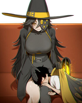  1boy 1girl belt big_bird_(project_moon) black_cloak black_dress black_gloves black_hair blanket blush breasts child chromatic_aberration cloak closed_eyes closed_mouth commentary_request couch dress extra_eyes gloves hair_over_one_eye hat hat_belt headpat heart highres korean_commentary lap_pillow large_breasts lobotomy_corporation long_hair lying lying_on_lap misg1111 on_couch on_side one_eye_covered personification project_moon ringed_eyes simple_background sitting sleeping sleeping_on_person smile white_background witch_hat yellow_eyes 