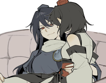  2girls black_collar black_hair black_skirt blue_gem blue_hat blue_shirt blush collar commentary_request couch detached_sleeves ear_blush fingernails gem grey_shirt hair_over_eyes hand_on_another's_waist hat iizunamaru_megumu kourindou_tengu_costume light_smile long_hair multiple_girls pointy_ears profile red_eyes red_hat red_sash sakic43899 sash shameimaru_aya shirt short_hair shoulder_blush sitting sitting_on_lap sitting_on_person skirt slit_pupils tokin_hat touhou white_background 