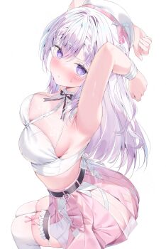  1girl :t @_@ armpits arms_up artist_request belt beret black_belt blush breasts bright_pupils closed_mouth commentary_request crop_top cropped_shirt feet_out_of_frame from_above from_side hat highres indie_virtual_youtuber invisible_chair large_breasts long_hair looking_at_viewer miniskirt naito_mare_(vtuber) pink_skirt pleated_skirt purple_eyes purple_hair second-party_source shiny_skin shirt simple_background sitting skirt small_sweatdrop solo thighhighs virtual_youtuber white_background white_hat white_pupils white_shirt white_thighhighs 
