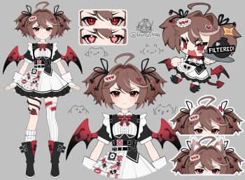  1girl absurdres ahoge alternate_costume alternate_hair_length alternate_hairstyle animal_ear_fluff animal_ears apron asymmetrical_legwear bat_wings black_boots black_bow black_bowtie black_dress black_ribbon black_vest bomb boots bow bowtie broken_heart brown_hair buran444 cat_ears cd center_frills chest_harness chibi collared_dress crosshair_pupils cursor demon_horns demon_tail double-parted_bangs dress earbuds earphones earrings emoticon enmaided evil_neuro-sama explosive fluffy_hair frilled_apron frills full_body grey_background hair_between_eyes hair_intakes hair_ornament hair_ribbon harness heart heart_hair_ornament heart_in_eye highres holding holding_tray horns jewelry kaomoji long_hair looking_at_viewer loose_socks maid maid_apron multiple_earrings neuro-sama o-ring rectangular_mouth red_bow red_bowtie red_eyes red_wings reference_sheet ribbon short_twintails simple_background socks split_mouth standing striped_bow striped_bowtie striped_clothes symbol_in_eye tachi-e tail tail_around_own_leg thighhighs tray twintails twitter_username underbust uneven_legwear v-shaped_eyebrows vedal_ai vest virtual_youtuber white_apron white_socks white_thighhighs white_wrist_cuffs wings wrist_cuffs 