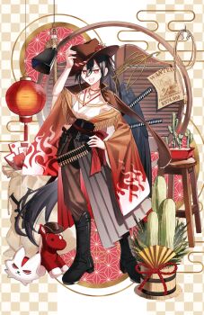  1girl :d artist_name asa_no_ha_(pattern) bandolier bell belt black_boots black_hair black_pants black_wings boots breasts brown_background brown_chaps brown_jacket cactus checkered_background chinese_zodiac commentary_request cowbell cowboy_hat cowboy_western egasumi flame_print flower full_body gold_necklace gun half-skirt hand_on_headwear hand_on_own_hip handgun hat hat_flower hat_rope highres holster horseshoe jacket japanese_clothes jewelry kadomatsu kimono kurokoma_saki lantern long_hair long_sleeves medium_breasts money_bag necklace nengajou new_year obi open_clothes open_jacket open_mouth pants paper_lantern partyu plant pleated_skirt potted_plant red_eyes red_sash revolver rope saloon_doors sash skirt smile solo stool teeth touhou toy_horse toyosatomimi_no_miko upper_teeth_only wanted_poster watermark weapon web_address white_kimono wings year_of_the_horse yen_sign 