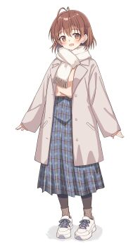  1girl :d absurdres antenna_hair arms_at_sides black_pantyhose blue_skirt blush brown_eyes brown_hair brown_socks clannad coat commentary full_body furukawa_nagisa grey_coat hair_between_eyes hair_ornament hairclip highres long_sleeves looking_at_viewer open_clothes open_coat open_mouth orange_sweater pantyhose parallel_hairclips plaid_clothes plaid_skirt ribbed_socks scarf setteiset shoes short_hair simple_background skirt smile sneakers socks solo standing sweater textless_version white_background white_scarf white_shoes 