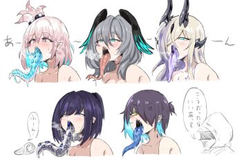  1other 5girls ambiguous_gender andreana_(arknights) anger_vein arknights asbestos_(arknights) black_horns blonde_hair blue_eyes blue_hair blue_tongue collarbone colored_inner_hair colored_tongue doctor_(arknights) dragon_horns forked_tongue geist43195783 green_eyes grey_hair head_wings ho'olheyak_(arknights) horns kirara_(arknights) long_hair long_tongue multicolored_hair multiple_girls necrass_(arknights) open_mouth pink_eyes pink_hair pointy_ears purple_eyes purple_hair purple_tongue short_hair speech_bubble streaked_hair suction_cups tentacle_tongue tongue tongue_out topknot translation_request two-tone_hair wings 