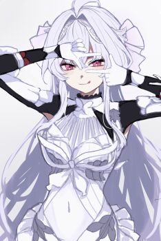  1girl ahoge breasts dress fate/grand_order fate_(series) finger_frame gloves highres kusuri_03 lady_avalon_(fate) lady_avalon_(third_ascension)_(fate) licking_lips long_hair looking_at_viewer medium_breasts merlin_(fate/prototype) purple_eyes solo tongue tongue_out very_long_hair white_dress white_gloves 