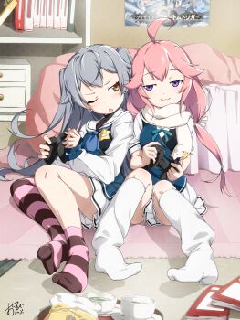  2girls :3 ;o ahoge blue_neckerchief blush brown_eyes closed_mouth commentary_request commission controller cup double-parted_bangs earrings feet full_body game_controller gamepad grey_hair grisaia_(series) grisaia_phantom_trigger hair_between_eyes highres holding holding_controller holding_game_controller ikoma_murasaki indoors jewelry jitome kneehighs knees_together_feet_apart legs legs_together long_hair looking_at_another low_twintails miniskirt multiple_girls neckerchief no_shoes on_floor one_eye_closed open_mouth oshinobi_shinobu pink_hair pleated_skirt purple_eyes sailor_collar scarf school_uniform serafuku shishigaya_touka short_sleeves side-by-side signature sitting skeb_commission skirt smile smug socks soles striped_clothes striped_thighhighs stud_earrings tea teacup thighhighs thighs twintails two_side_up very_long_hair watanabe_akio_(style) white_sailor_collar white_skirt white_socks yellow_scarf 
