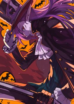  1boy ascot bat_(animal) black_hat black_jacket colored_skin commentary_request fang frilled_sleeves frills from_side gloves green_shirt grin hat jacket long_hair long_sleeves looking_at_viewer male_focus orange_background pinstripe_pattern pinstripe_shirt pixiv_fantasia pixiv_fantasia_last_saga pointy_ears purple_hair purple_skin red_eyes rleven_drosselbart rumie shirt smile solo sword top_hat upper_body weapon white_gloves 