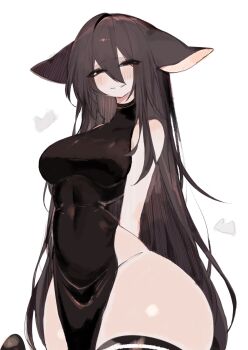  1girl animal_ears bare_arms bare_hips black_dress black_eyes black_hair black_thighhighs breasts cat_ears cat_girl cat_tail dress hair_between_eyes highres large_breasts long_hair looking_at_viewer original pelvic_curtain smile tail thick_thighs thighhighs thighs usa37107692 very_long_hair wide_hips  rating:Sensitive score:32 user:Zbidiboui