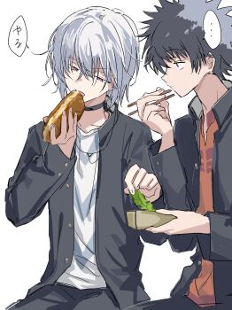  ... 2boys absurdres accelerator_(toaru_majutsu_no_index) albino anninn_do_fu black_choker black_hair black_pants black_shirt blue_eyes buttons choker chopsticks commentary_request eating electrodes food food_theft highres holding holding_chopsticks holding_food kamijou_touma medium_hair multiple_boys open_clothes open_mouth open_shirt pants red_eyes red_shirt school_uniform shirt short_hair simple_background speech_bubble spiked_hair toaru_majutsu_no_index white_background white_hair white_shirt 