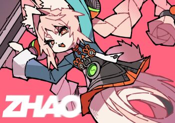  1girl animal_ear_fluff animal_ears arms_up black_dress braid braided_twintails character_name commentary_request dress furry furry_female green_shirt hair_ornament highres holding holding_sword holding_weapon long_hair looking_at_viewer open_mouth pinafore_dress pink_background pink_fur pink_hair rabbit_ears rabbit_girl rabbit_tail red_eyes running shirt short_eyebrows simple_background sleeveless sleeveless_dress solo sphere_hair_ornament sword tail teeth thick_eyebrows upper_teeth_only weapon zenless_zone_zero zhao_(zenless_zone_zero) zito_(zito222) 