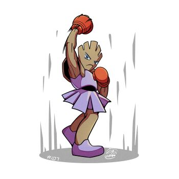  boxing_gloves dress gen_1_pokemon gloves hitmonchan looking_at_viewer mistray-art nintendo numbered pokemon pokemon_(creature) purple_dress purple_shoes red_gloves shoes signature simple_background solo white_background 