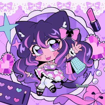  1girl animal_ears bag black_shoes bow breasts cat_ears cat_girl cat_tail chibi chibi_only cleavage commentary commission cosmetics dress english_commentary gem heart highres lipstick lipstick_tube long_hair makeup makeup_palette multicolored_hair original pantyhose polka_dot polka_dot_dress purple_dress purple_eyes purple_hair purple_theme shoes shopping_bag short_eyebrows solo strapless strapless_dress streaked_hair tail tongue tongue_out white_pantyhose yanana_ua 