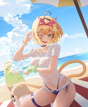  1girl absurdres ahoge beach bikini bikini_bottom_only black_hair blonde_hair blue_bikini blue_choker blue_sky blush breasts bucket choker cloud commentary covering_breasts covering_privates dooby dooby_(summer) flower frilled_bikini frills green_eyes hair_flower hair_ornament hairband highres indie_virtual_youtuber jerboa_tail kippu_(dooby) large_breasts multicolored_hair no_bra no_pants one_eye_closed parasol pink_hairband sand shirt short_hair sky smile streaked_hair swimsuit tail thigh_strap thighs umbrella virtual_youtuber water wet wet_clothes wet_shirt yubbiidraw 