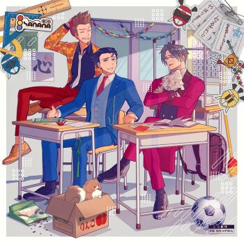  3boys 3llo_3 ace_attorney animal arm_up ascot backpack bag ball belt belt_buckle beret black_belt black_shirt black_shoes black_socks black_vest blue_eyes blue_jacket blue_pants blue_suit blue_vest book box broom brown_hair brown_shoes buckle cardboard_box chair classroom closed_eyes collared_shirt commentary crossed_arms crossed_legs curtained_hair desk dog door facial_hair formal_clothes full_body glasses goatee grey_eyes grey_hair grin hair_slicked_back hand_on_headwear hat heart heart_print highres in_box in_container indoors jacket lapel_pin lapels larry_butz long_sleeves male_focus miles_edgeworth missile_(ace_attorney) multiple_boys necktie no_socks notched_lapels on_chair on_desk open_book open_box open_clothes open_jacket origami pants paper paper_crane pet_food phoenix_wright phoenix_wright:_ace_attorney_-_spirit_of_justice red_hat red_jacket red_necktie red_pants red_suit ruler school_chair school_desk shiba_inu shirt shoes short_hair sitting smile soccer_ball socks spiked_hair suit suit_jacket translation_request vest watermark white_ascot white_necktie white_shirt wing_collar 